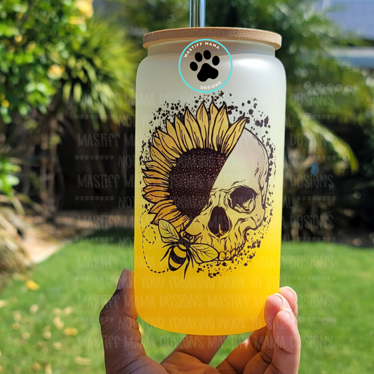 Sunflower Skull Face Bee two tone yellow frosted 16 oz Glass Can - ONLY 1 Available