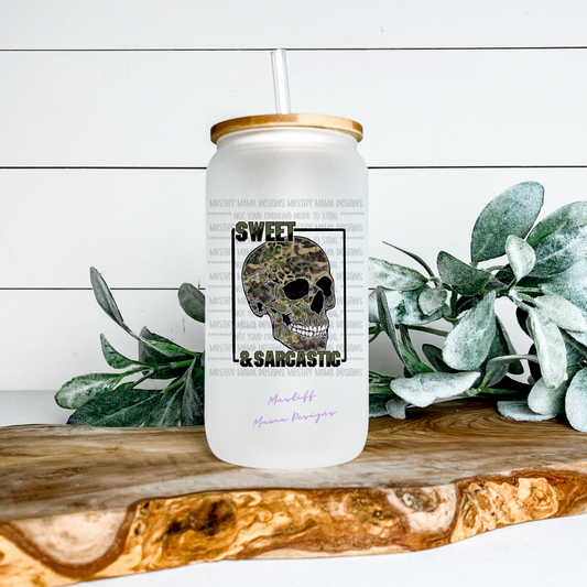 Sweet & Sarcastic Skellie Camo Head Frosted Glass Can