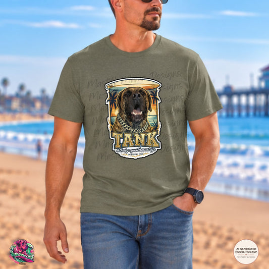 A man wearing Heather Military Green Gildan Unisex Softstyle t-shirt mockup featuring Tank Surfboard Swagger design, official That Guy With Mastiffs merch by Mastiff Mama Designs.