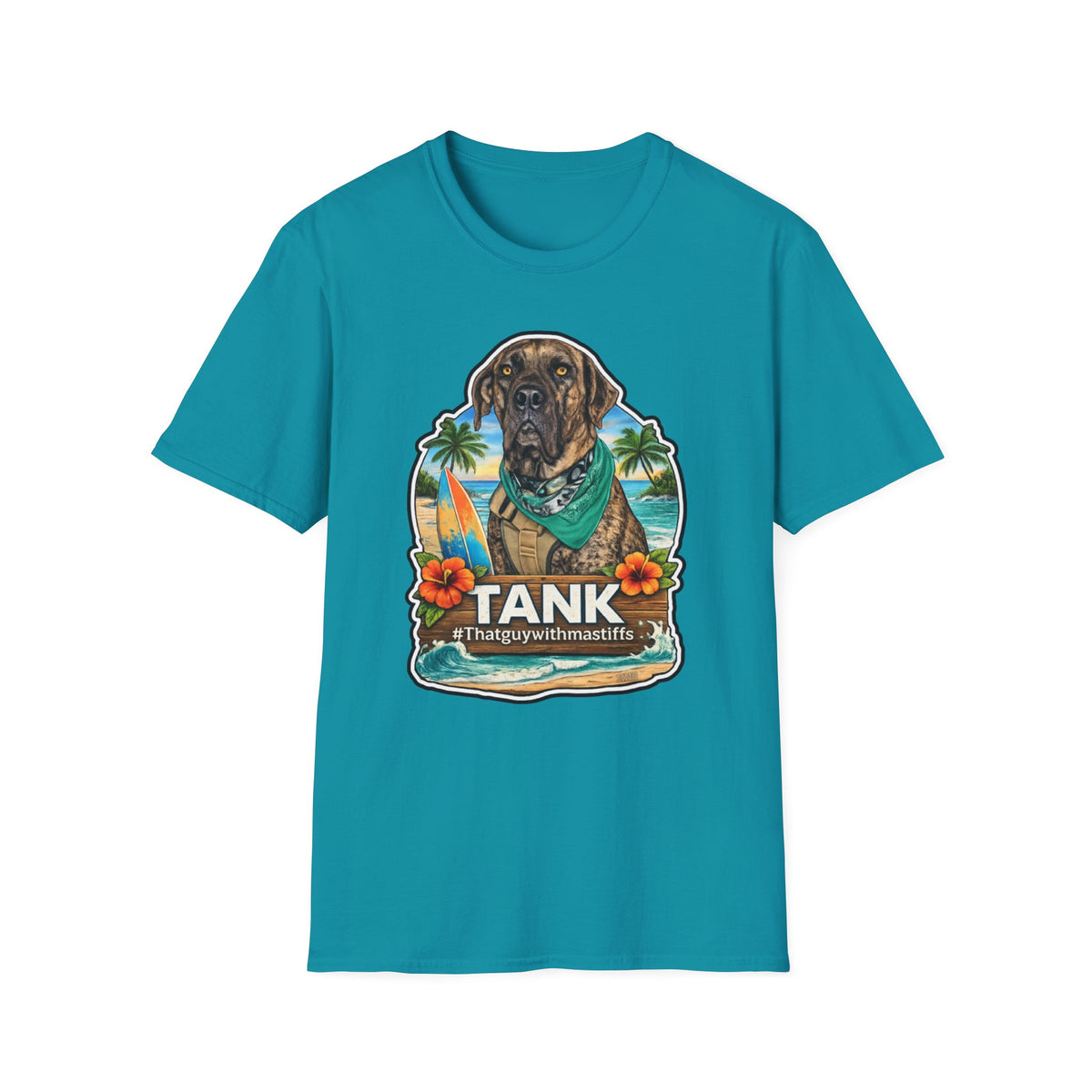 Front view of Tropical Blue Gildan Unisex Softstyle t-shirt mockup featuring Tank Beach Boss Era design, official That Guy With Mastiffs merch by Mastiff Mama Designs.
