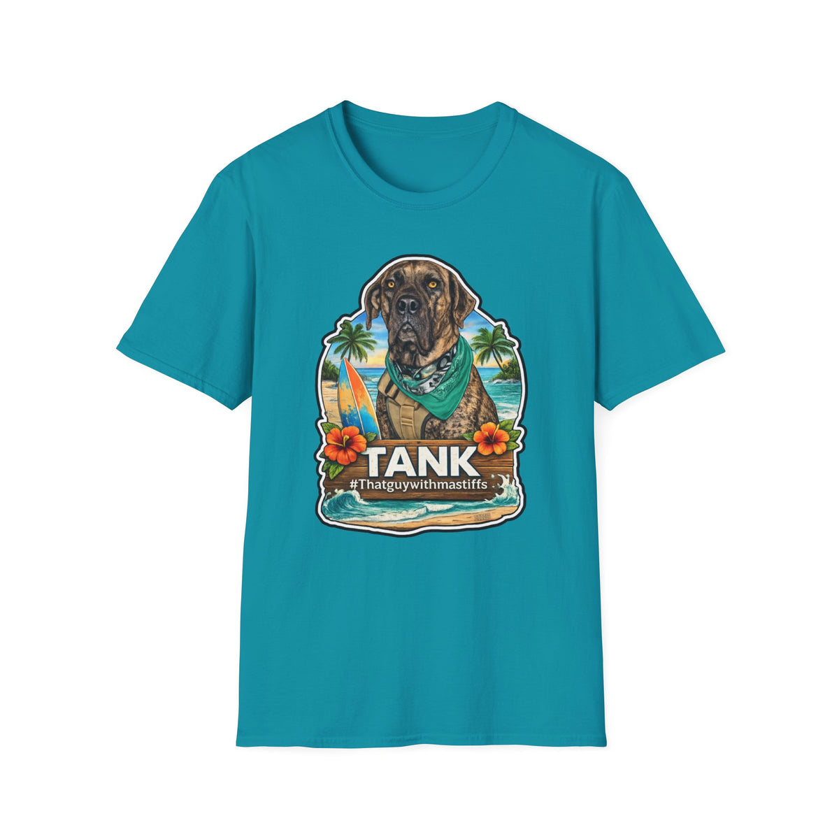 A tropical blue gildan unisex front of shirt mockup tee featuring Official That Guy With Mastiffs Tank graphic design featuring a brindle mastiff Tank with a surfboard, palm trees, sunset, ocean waves, and #thatguywithmastiffs text.