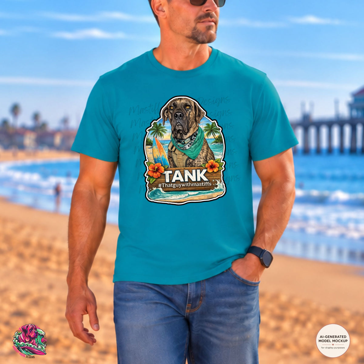 A man wearing tropical blue gildan unisex tee featuring Official That Guy With Mastiffs Tank graphic design featuring a brindle mastiff Tank with a surfboard, palm trees, sunset, ocean waves, and #thatguywithmastiffs text.