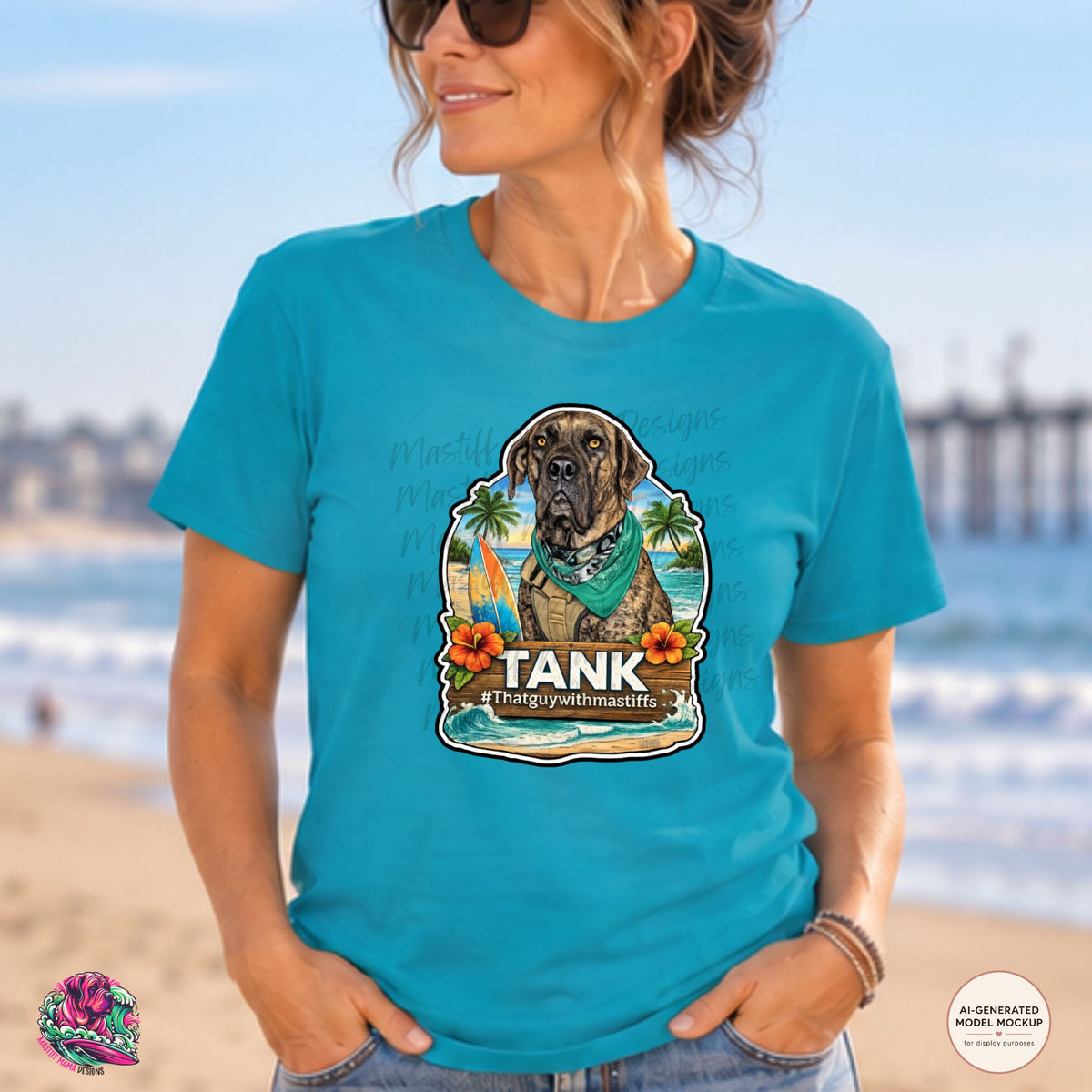 A woman wearing tropical blue gildan unisex tee featuring Official That Guy With Mastiffs Tank graphic design featuring a brindle mastiff Tank with a surfboard, palm trees, sunset, ocean waves, and #thatguywithmastiffs text.