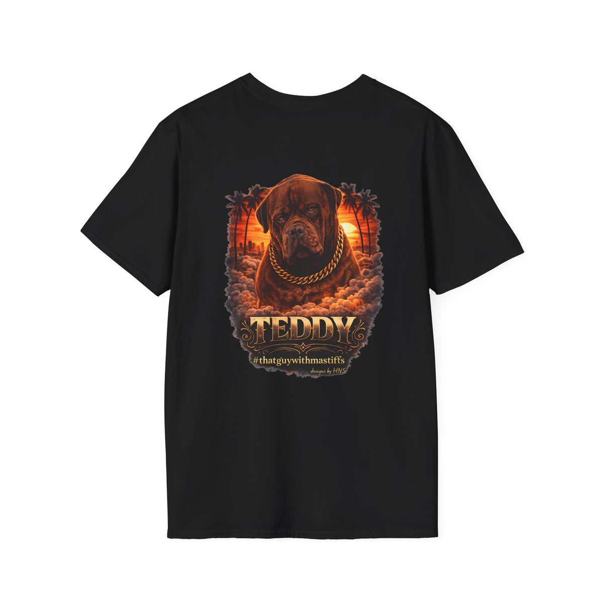Back view of Teddy Golden Hour King on Black Gildan Unisex Softstyle graphic tee with California sunset, palm trees, and #thatguywithmastiffs artwork.