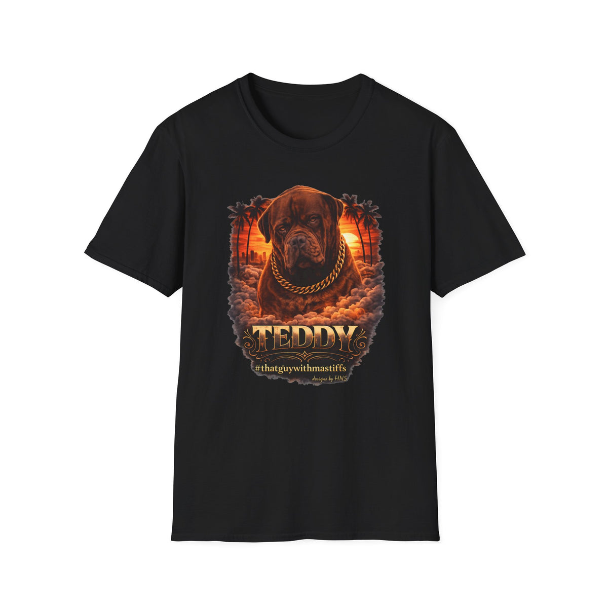 Front view of Teddy Golden Hour King on Black Gildan Unisex Softstyle graphic tee with California sunset, palm trees, and #thatguywithmastiffs artwork.