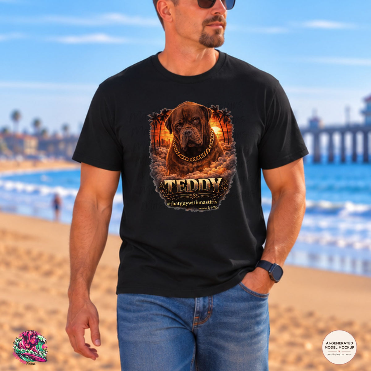 A man wearing Black Gildan Unisex Softstyle t-shirt mockup featuring  Teddy’s Golden Hour King Tee design featuring bold mastiff artwork with sunset clouds, palm trees, and big dog attitude official That Guy With Mastiffs merch by Mastiff Mama Designs.
