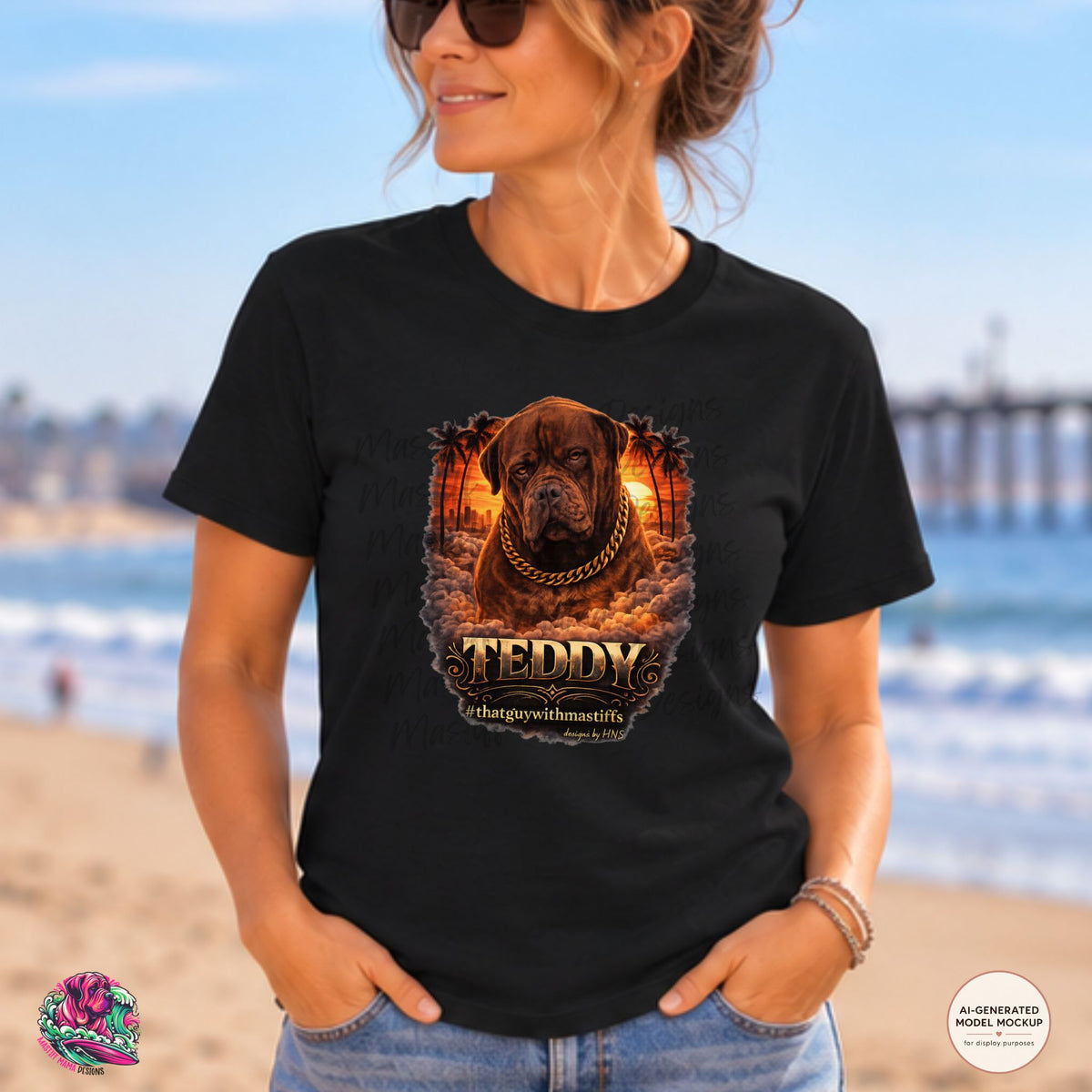 A woman wearing Black Gildan Unisex Softstyle t-shirt mockup featuring  Teddy’s Golden Hour King Tee design featuring bold mastiff artwork with sunset clouds, palm trees, and big dog attitude official That Guy With Mastiffs merch by Mastiff Mama Designs.