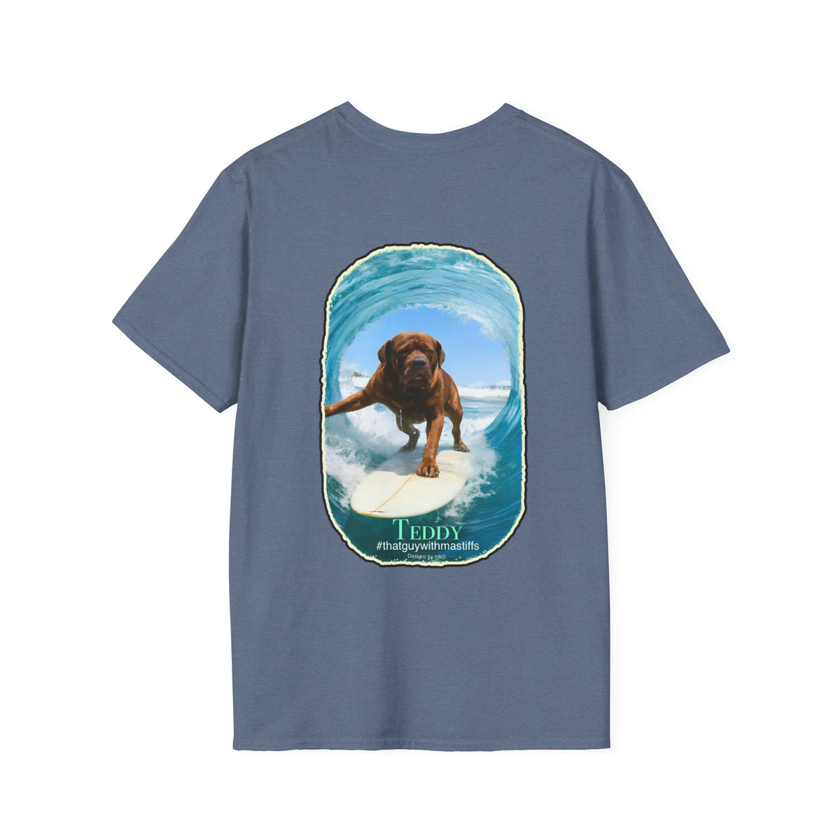 Back view of Heather Indigo Gildan Unisex Softstyle t-shirt mockup featuring Teddy Surf Up Era design, official That Guy With Mastiffs merch by Mastiff Mama Designs.