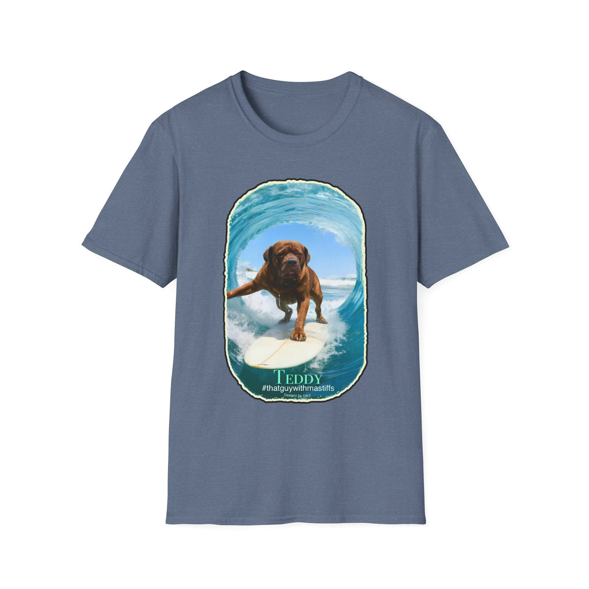 Front view of Heather Indigo Gildan Unisex Softstyle t-shirt mockup featuring Teddy Surf Up Era design, official That Guy With Mastiffs merch by Mastiff Mama Designs.