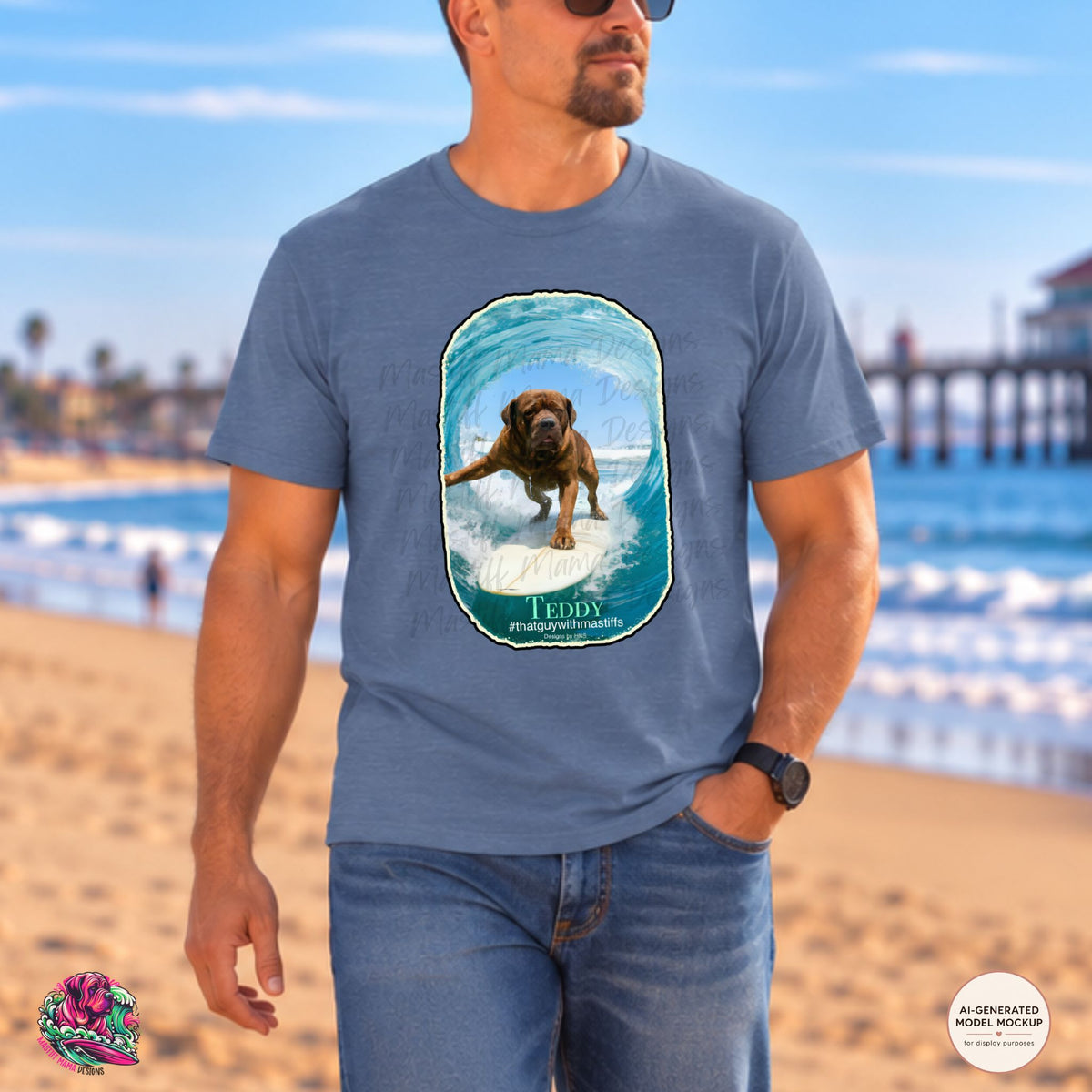 A man wearing Heather Indigo Gildan Unisex Softstyle t-shirt mockup featuring Teddy Surf Up Era design, official That Guy With Mastiffs merch by Mastiff Mama Designs.