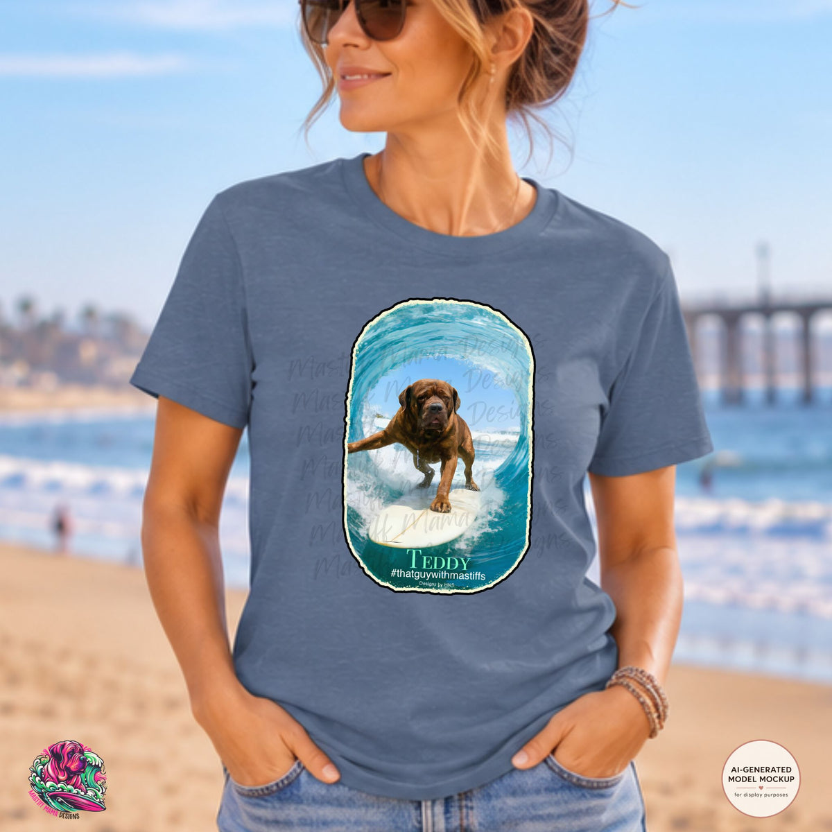 A woman wearing Heather Indigo Gildan Unisex Softstyle t-shirt mockup featuring Teddy Surf Up Era design, official That Guy With Mastiffs merch by Mastiff Mama Designs.