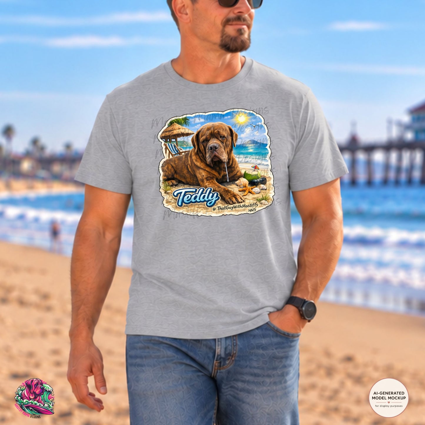 A man wearing Sport Grey Gildan Unisex Softstyle t-shirt mockup featuring Teddy mastiff beach graphic design, official That Guy With Mastiffs merch by Mastiff Mama Designs.