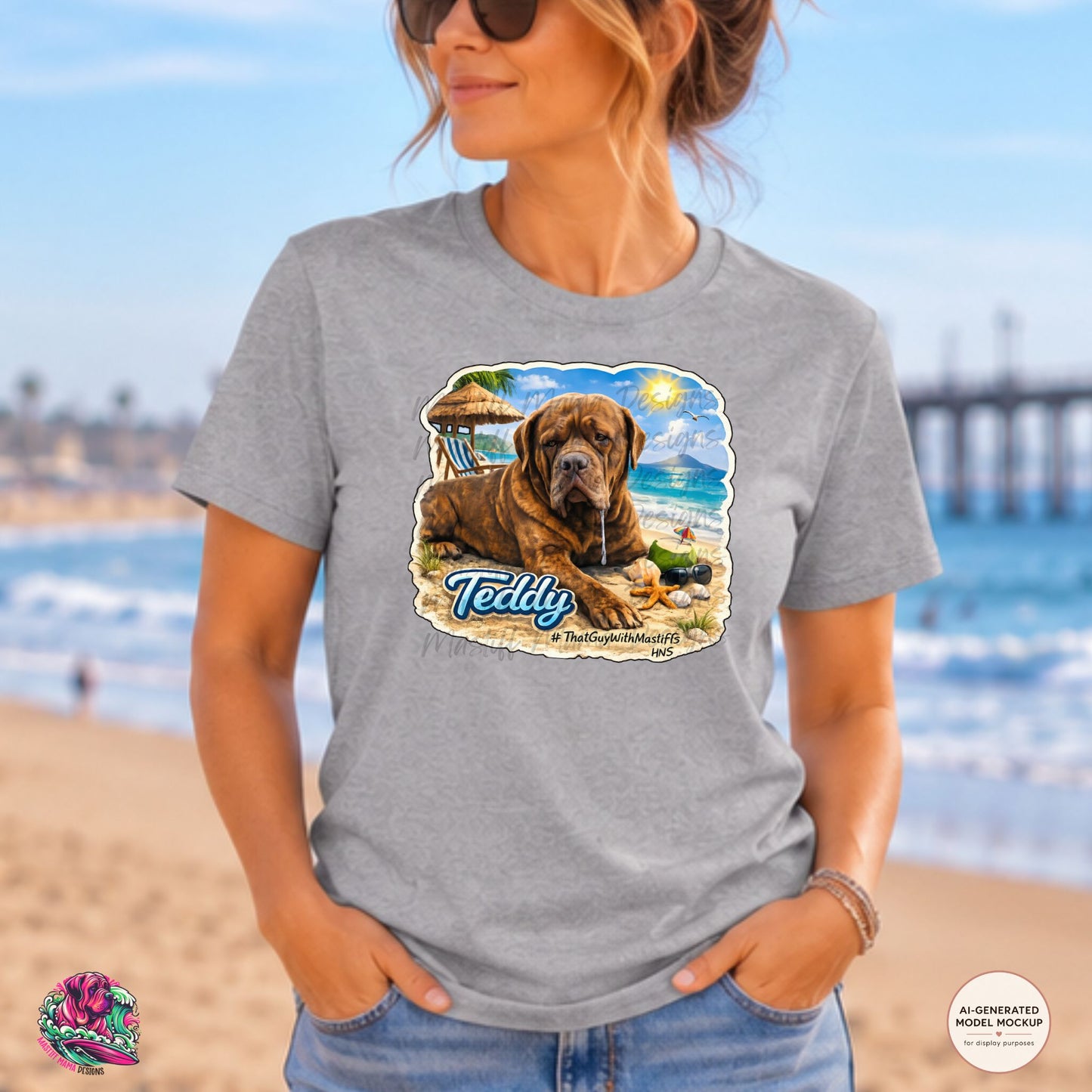 A woman wearing Sport Grey Gildan Unisex Softstyle t-shirt mockup featuring Teddy mastiff beach graphic design, official That Guy With Mastiffs merch by Mastiff Mama Designs.