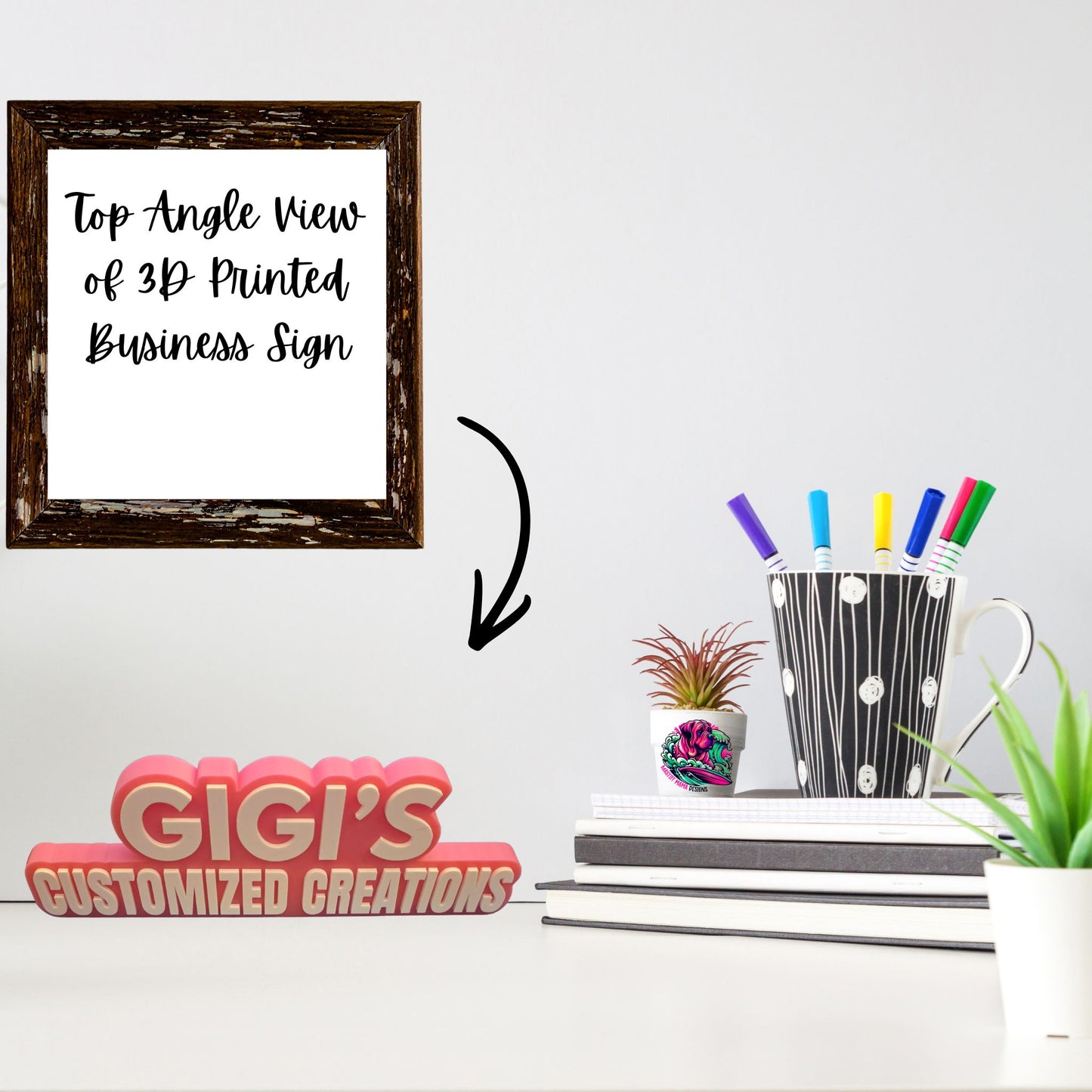 Freestanding 3D printed business name sign reading Gigi’s Customized Creations, displayed on a desk as a branded prop for product photography, vendor booths, office décor, social media content, and promotional displays. Sign measures approximately 3.25 inches high by 9.5 inches wide.