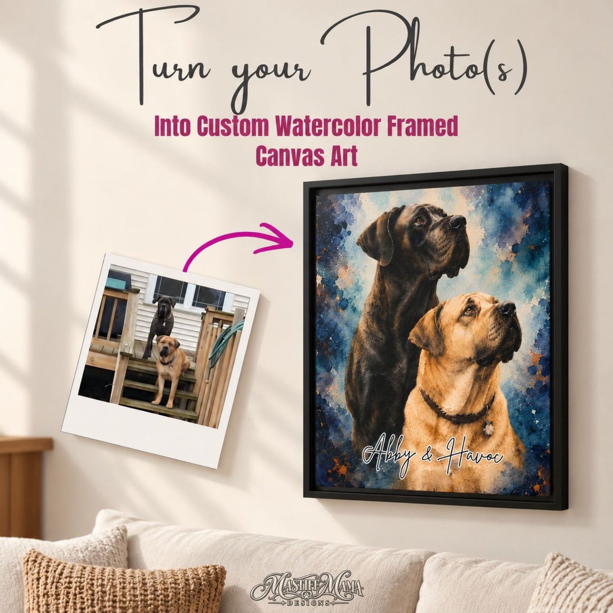 Custom Watercolor Pet Portrait Framed Canvas – Personalized Dog & Cat Wall Art