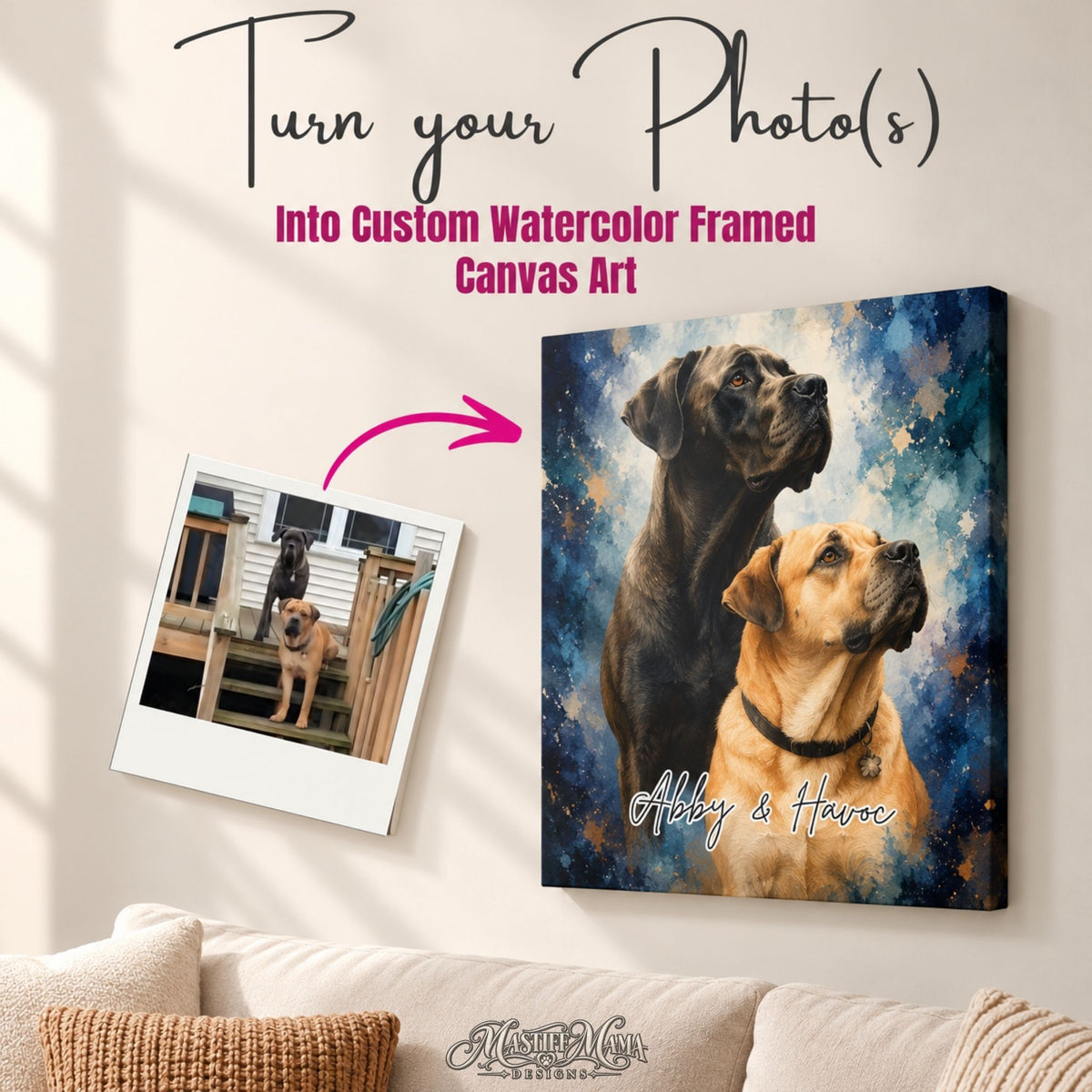 Custom Watercolor Pet Portrait Wrapped Canvas – Personalized Dog & Cat Wall Art