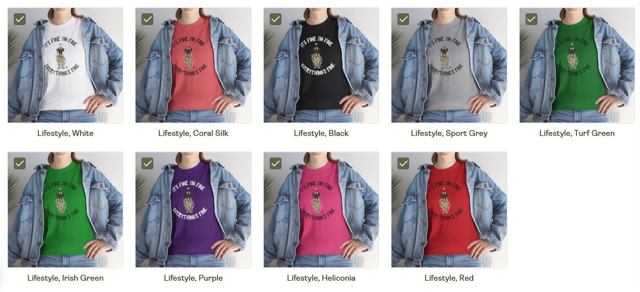 DTG Everything's Fine Christmas Flat Frankie Unisex Heavy Cotton T-Shirt - Use Drop Down Box to select color