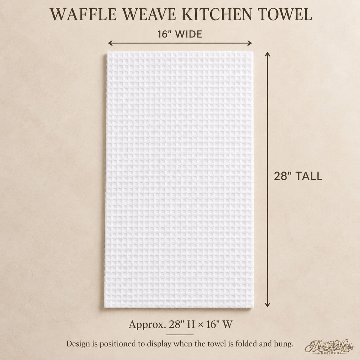 Blank Waffle Towel 16 by 28 inch kitchen towel displayed for sizing reference.