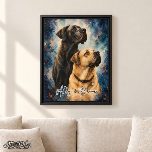 Custom watercolor pet portrait framed canvas featuring Abby and Havoc, two mastiffs, against a blue and copper watercolor-inspired background with personalized names.