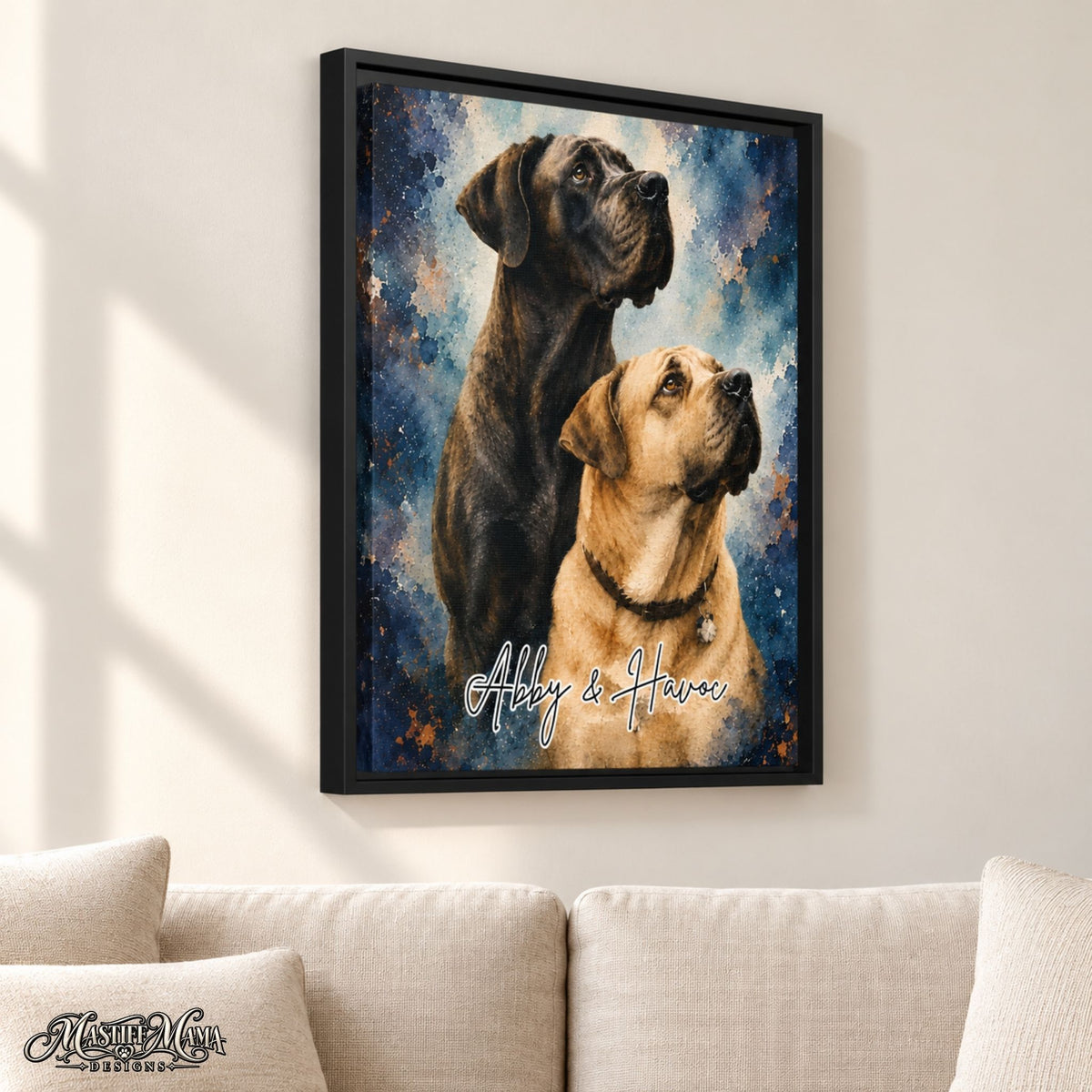 Custom watercolor pet portrait framed canvas featuring Abby and Havoc, two mastiffs, against a blue and copper watercolor-inspired background with personalized names.