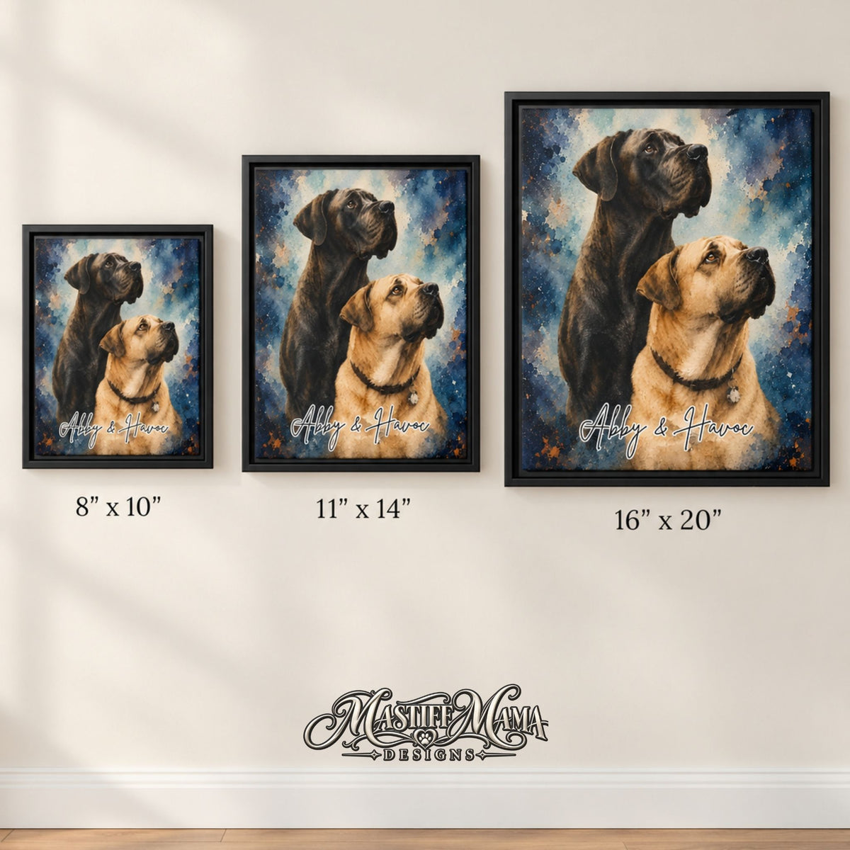 Three framed pet portrait wall art prints are shown mounted on a light wall, each featuring a black and tan dog against a blue painterly background. The sizes below the frames read 8" x 10", 11" x 14", and 16" x 20", and a 'Mushroom Cafe Designs' logo appears at the bottom.
