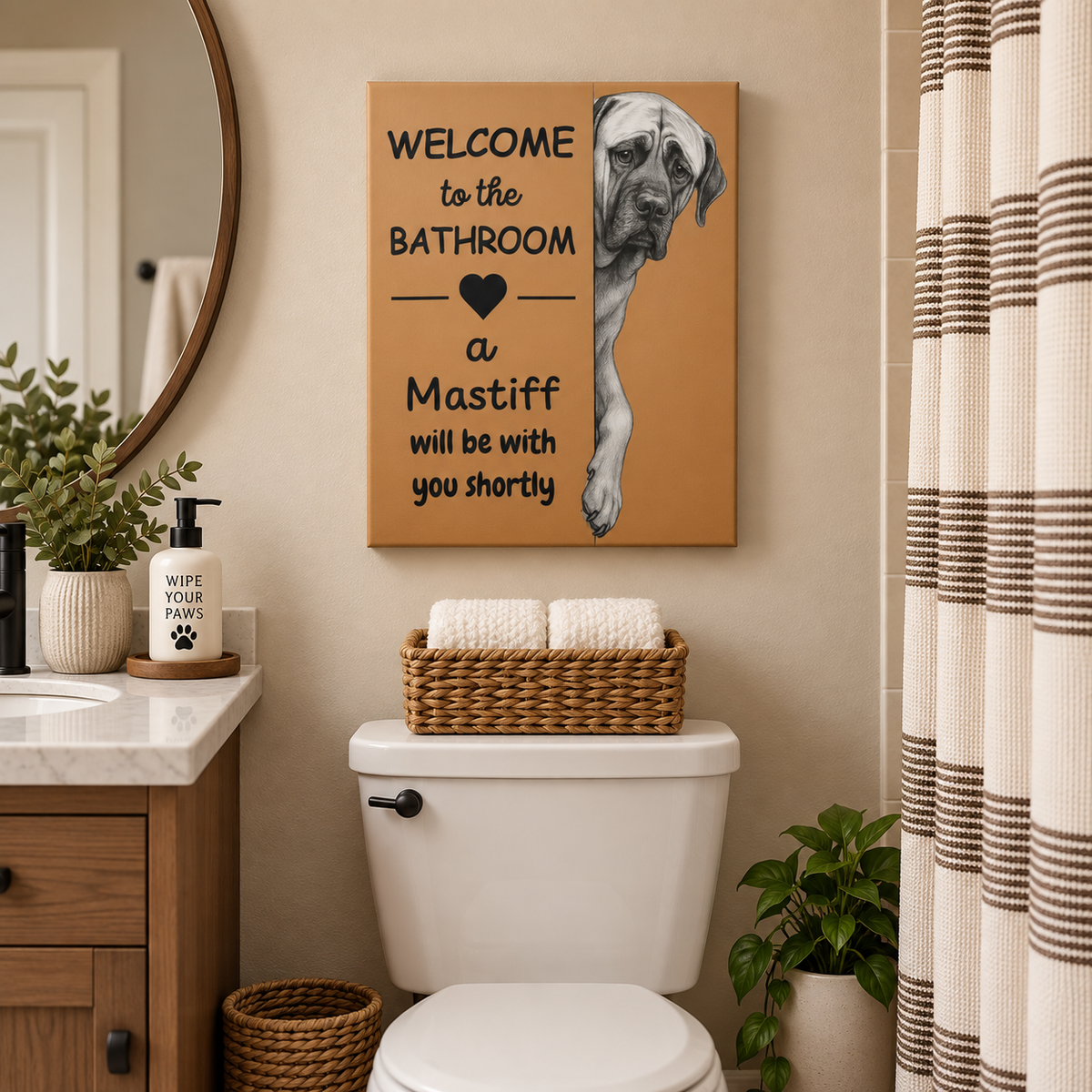 Welcome To The Bathroom Mastiff on Light Brown Canvas – Funny Dog Bathroom Wall Art - 2 Size Options