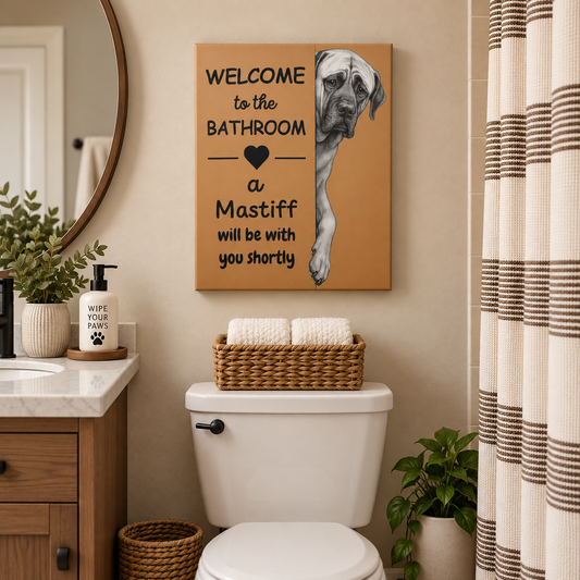 Welcome to the Bathroom Funny English Mastiff on Light Brown Canvas Art - 2 Size Options - Use Drop Down Box to Select