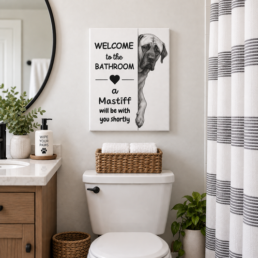 Welcome to the Bathroom Funny English Mastiff on Canvas Art - 2 Size Options - Use Drop Down Box to Select