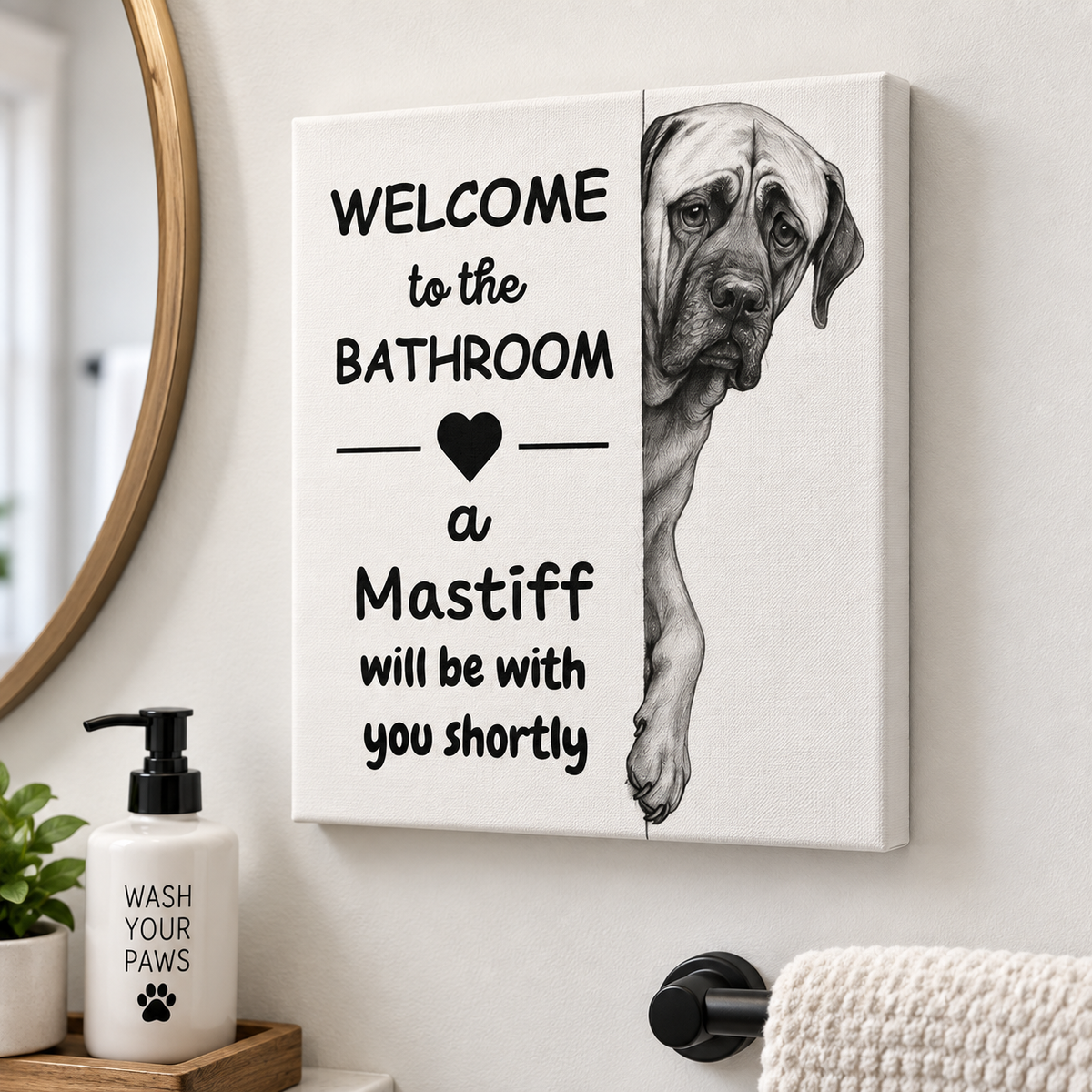 Close-up of Mastiff bathroom wall art canvas featuring black and white dog artwork modeled after Mr. Case.