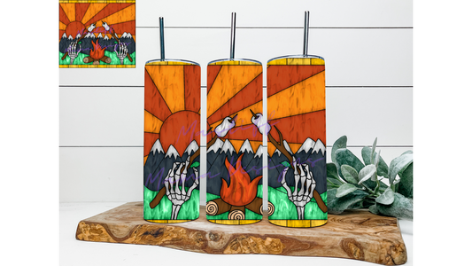 Stained Glass Campfire Skeleton Hands 20 oz Skinny Tumbler