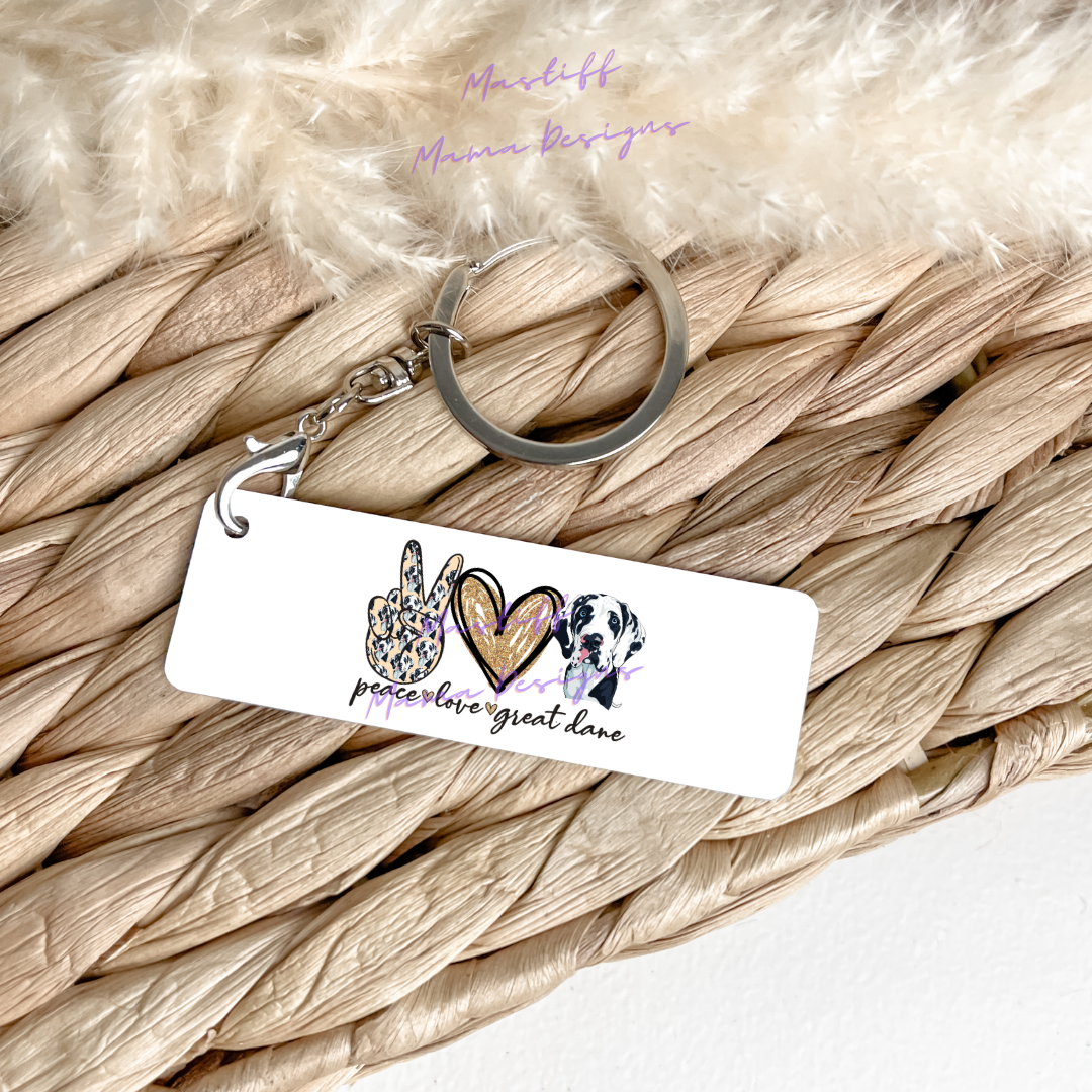 Peace Love Mastiff, Great Dane, America, Dog Paw, Fur Babies, Rescue Rectangle Aluminum Keychain